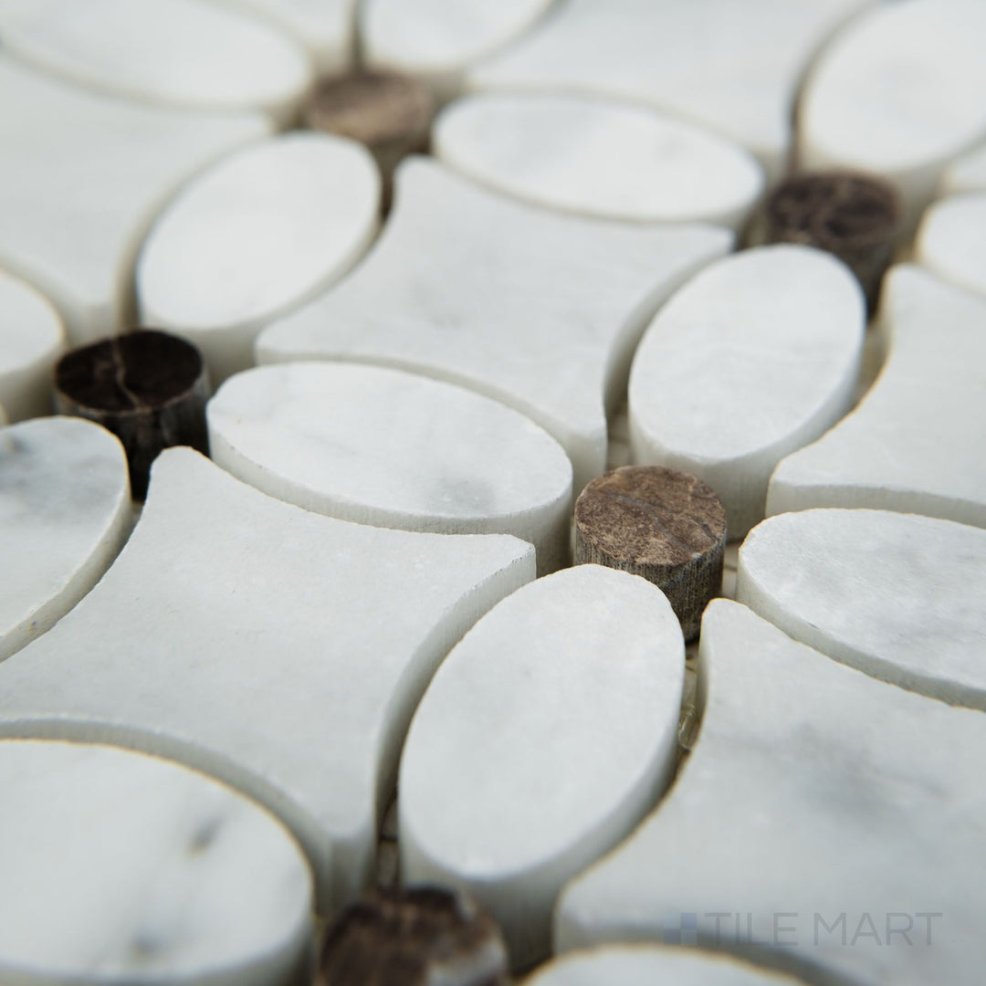 Corner perspective of White Carrara Marble flower mosaic with Emperador Dark in honed finish, revealing elegant floral design with natural matte texture.