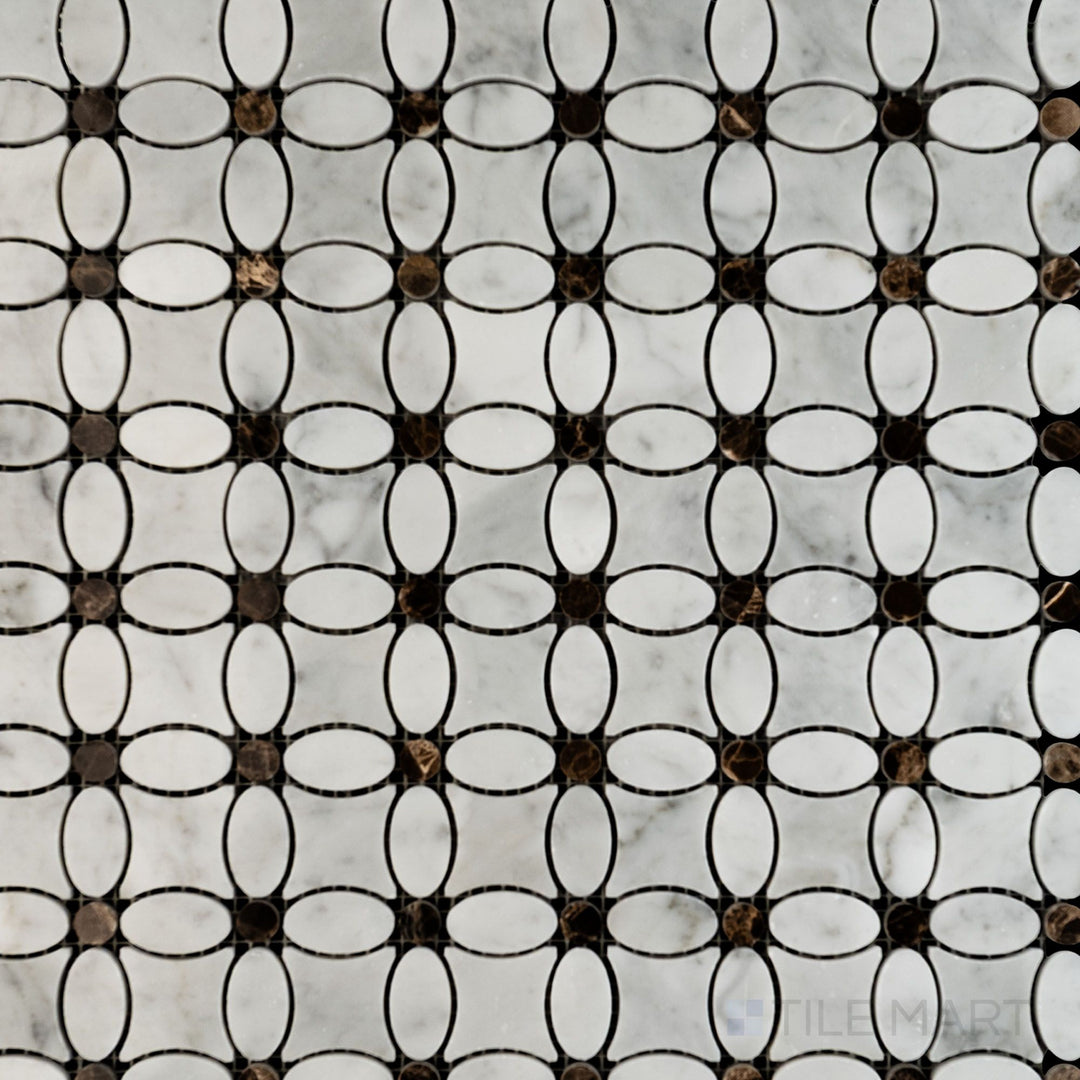 Grouped tile view of White Carrara Marble Flower mosaic with Emperador Dark accents in polished finish, emphasizing its intricate pattern.