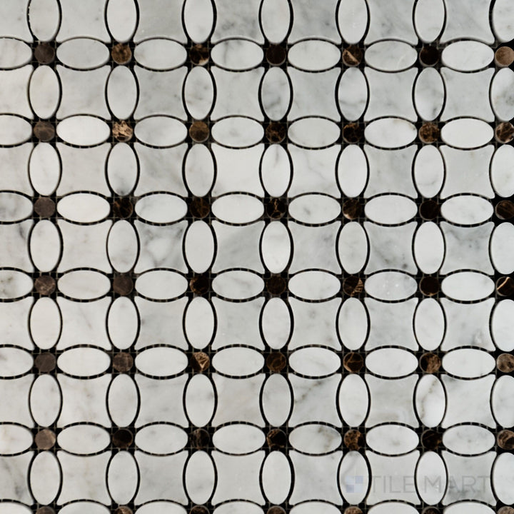 Grouped tile view of White Carrara Marble Flower mosaic with Emperador Dark accents in polished finish, emphasizing its intricate pattern.
