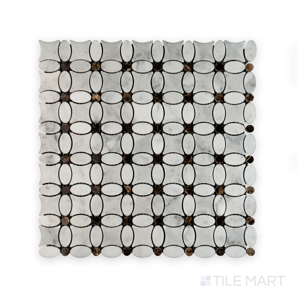 Polished Emperador Dark details highlight the White Carrara Marble flower mosaic in this top-down image, ideal for classic and modern tile applications.