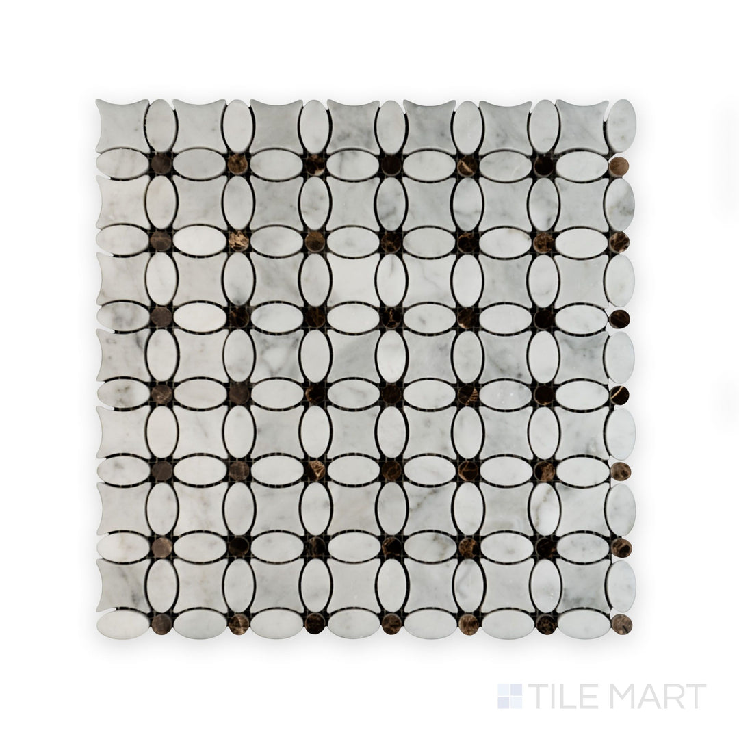 Polished Emperador Dark details highlight the White Carrara Marble flower mosaic in this top-down image, ideal for classic and modern tile applications.