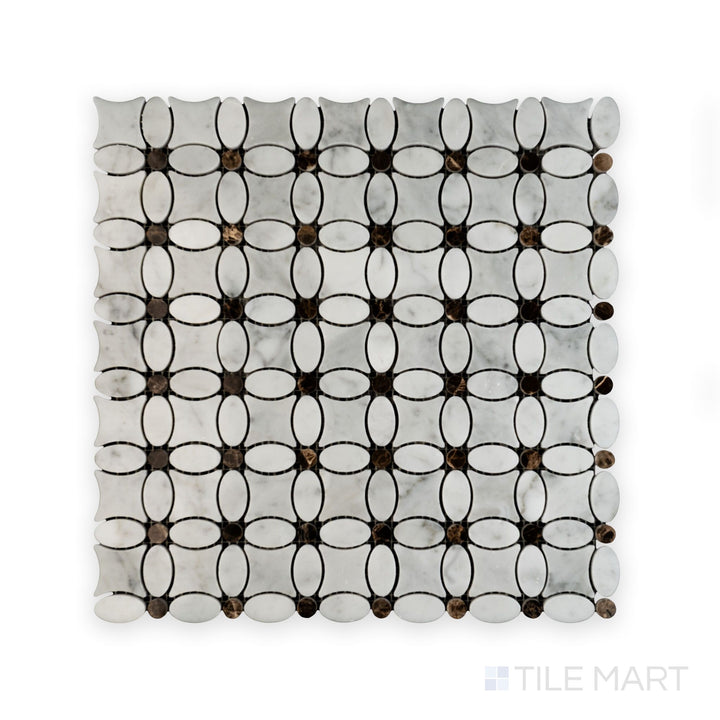 Polished Emperador Dark details highlight the White Carrara Marble flower mosaic in this top-down image, ideal for classic and modern tile applications.