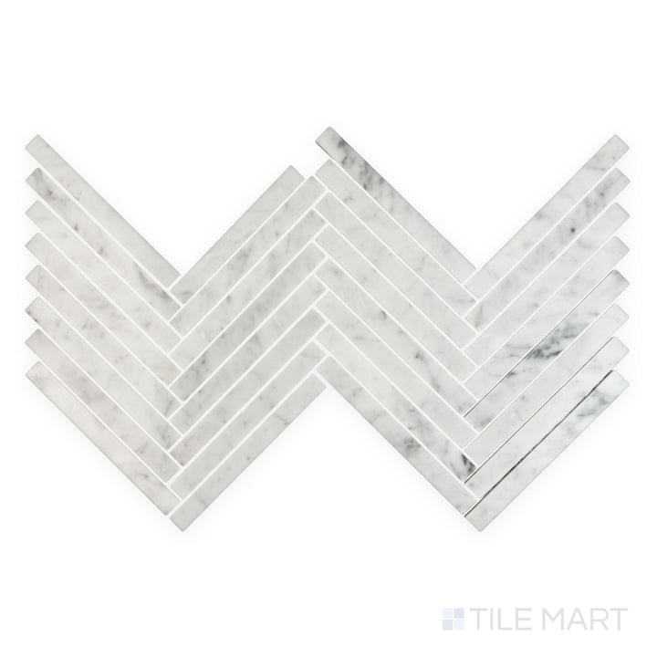 Product layout of White Carrara Marble 5/8x6 herringbone polished mosaic featuring sleek glossy marble strips arranged in a herringbone weave