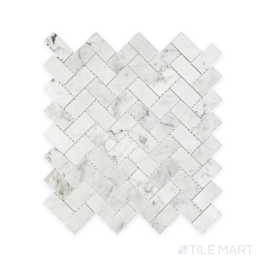 Tile arrangement of White Carrara Marble 1x2 herringbone polished mosaic showing glossy marble strips woven into a classic herringbone style