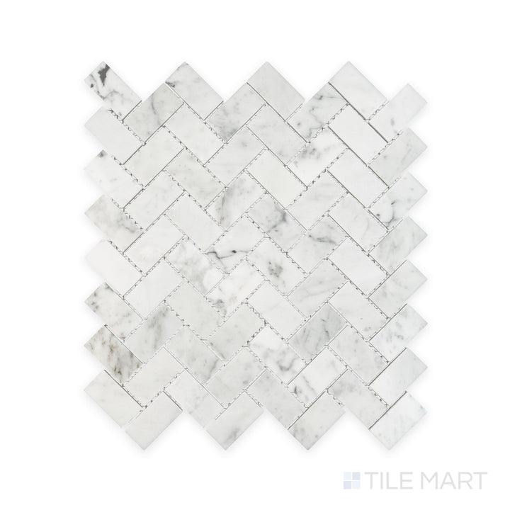 Tile arrangement of White Carrara Marble 1x2 herringbone polished mosaic showing glossy marble strips woven into a classic herringbone style