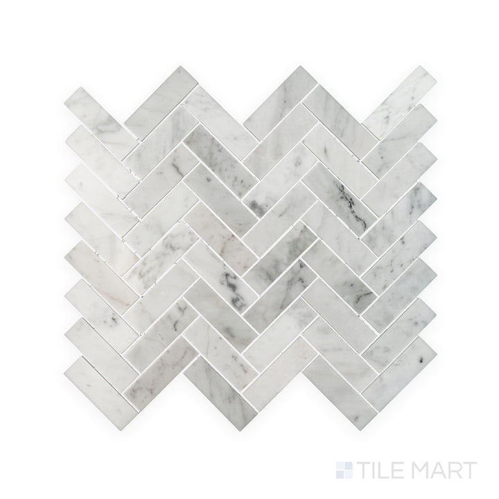 Tile showcase of White Carrara Marble 1x3 herringbone polished mosaic highlighting sleek glossy marble pieces in a classic herringbone weave