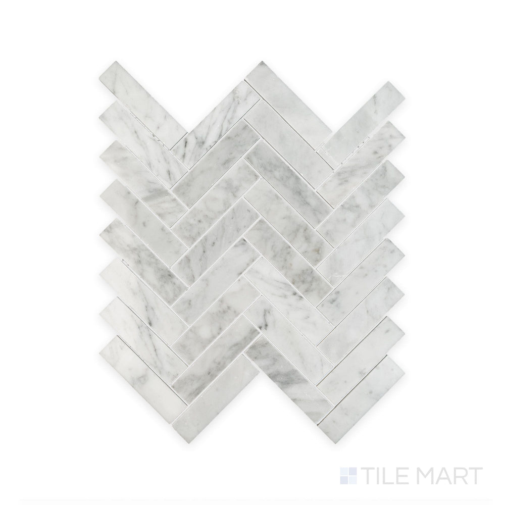 Sheet view of White Carrara Marble 1x4 herringbone polished mosaic featuring long glossy marble strips laid out in a striking chevron design