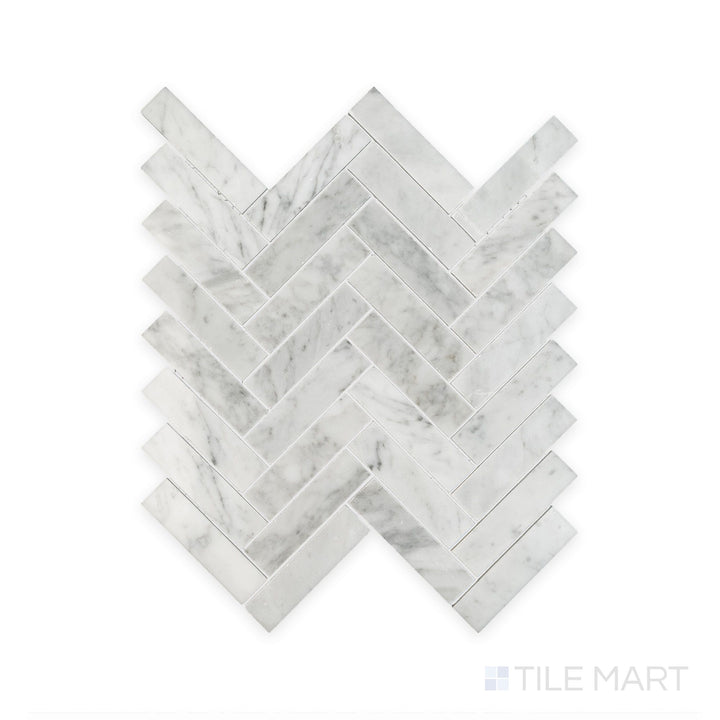 Sheet view of White Carrara Marble 1x4 herringbone polished mosaic featuring long glossy marble strips laid out in a striking chevron design