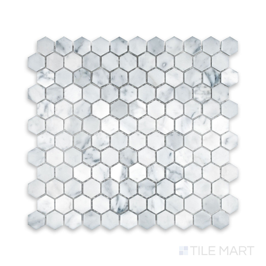 Full shot of White Carrara Marble 1" hexagon honed mosaic showcasing small matte marble hexagons in a classic honeycomb pattern