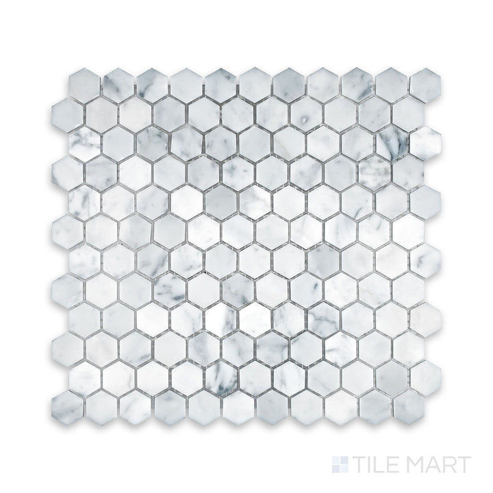 Full shot of White Carrara Marble 1" hexagon honed mosaic showcasing small matte marble hexagons in a classic honeycomb pattern