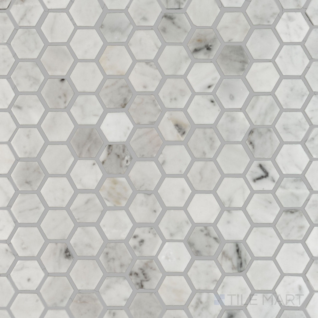 Overhead view of White Carrara Marble 1-inch hexagon polished mosaic, displaying glossy marble hexagons ideal for stylish wall and floor designs