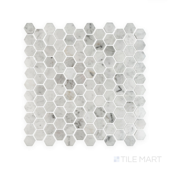 Tile showcase of White Carrara Marble 1" hexagon polished mosaic featuring glossy marble hex tiles for timeless and elegant surfaces