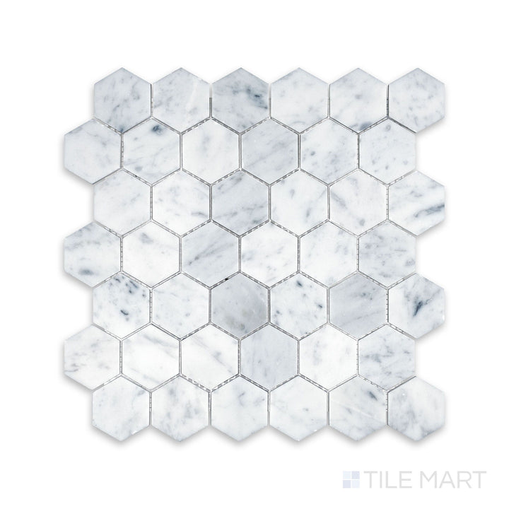 Product layout of White Carrara Marble 2" hexagon honed mosaic highlighting medium matte marble hexagons arranged in a clean grid