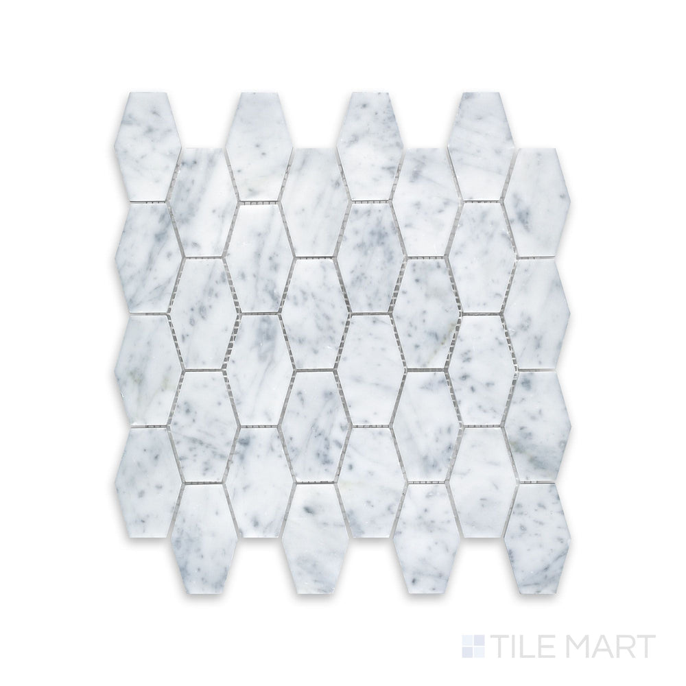 Tile arrangement of White Carrara Marble elongated hexagon honed mosaic featuring slim matte marble hexagons arranged in a stylish pattern