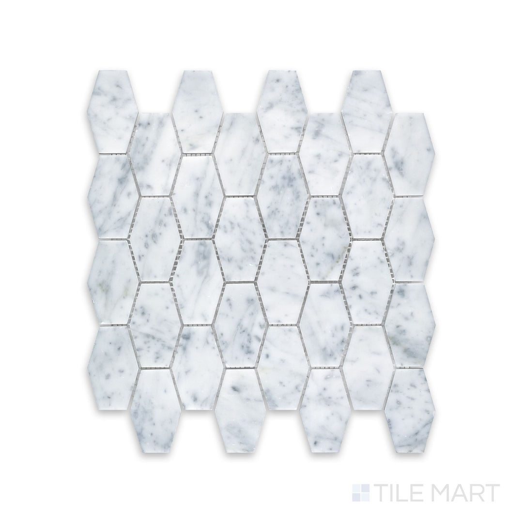 Tile arrangement of White Carrara Marble elongated hexagon honed mosaic featuring slim matte marble hexagons arranged in a stylish pattern