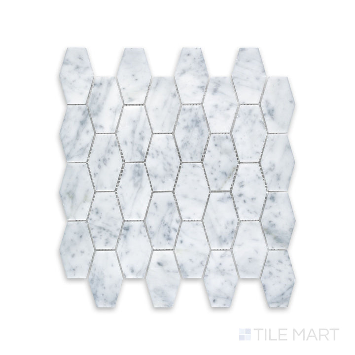 Tile arrangement of White Carrara Marble elongated hexagon honed mosaic featuring slim matte marble hexagons arranged in a stylish pattern