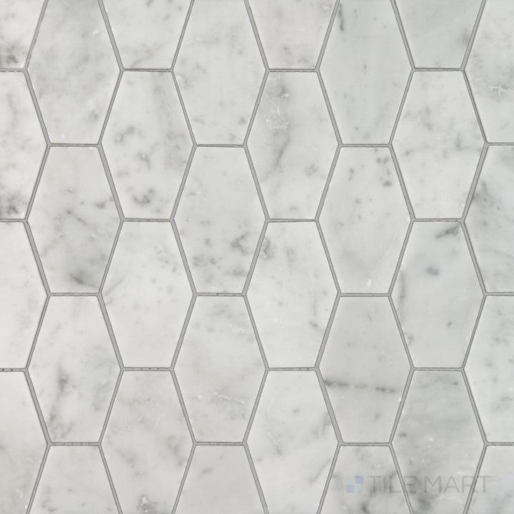 Flat overhead image showing White Carrara Marble elongated hexagon polished mosaic, with glossy narrow marble tiles for elegant wall or floor designs