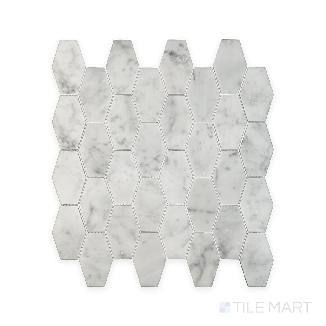 Mosaic display of White Carrara Marble elongated hexagon polished mosaic showing glossy marble tiles shaped into elongated hexagons