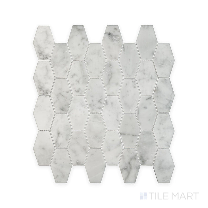 Mosaic display of White Carrara Marble elongated hexagon polished mosaic showing glossy marble tiles shaped into elongated hexagons
