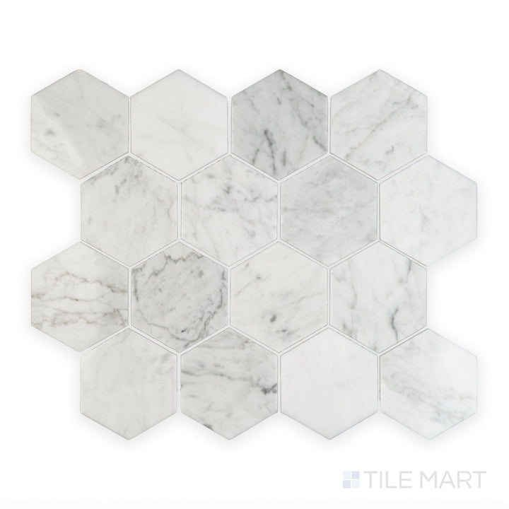 Full shot of White Carrara Marble 3" hexagon polished mosaic highlighting glossy marble hexagons arranged in a clean geometric pattern