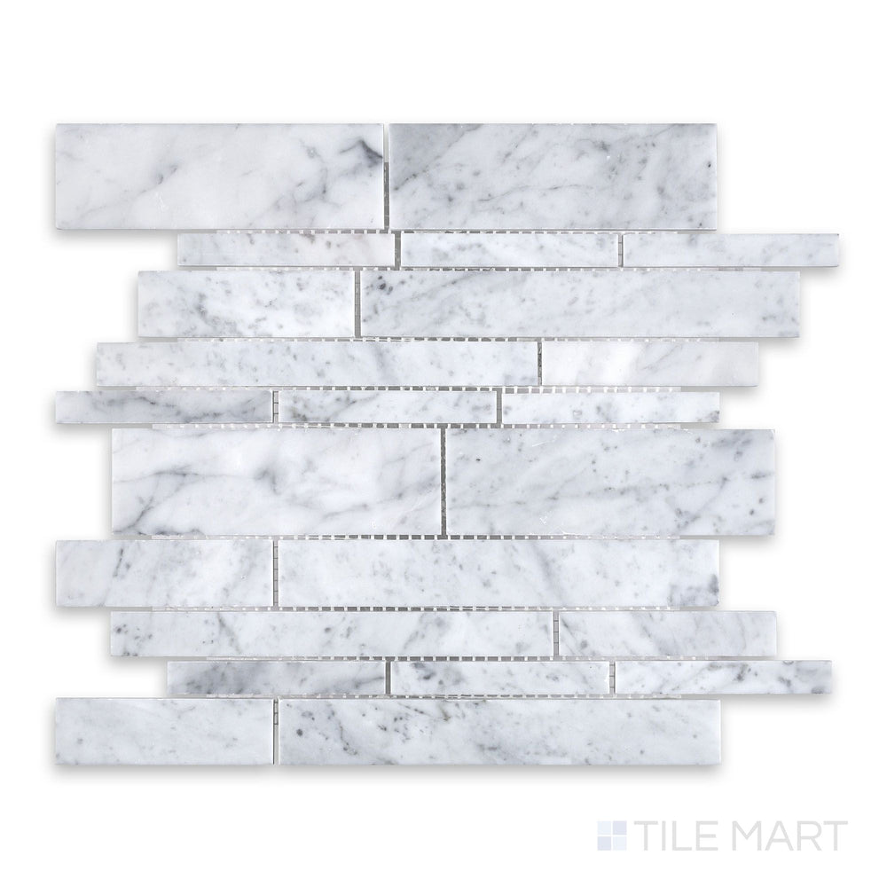Sheet view of White Carrara Marble linear honed mosaic featuring soft matte marble strips arranged in a contemporary stacked layout