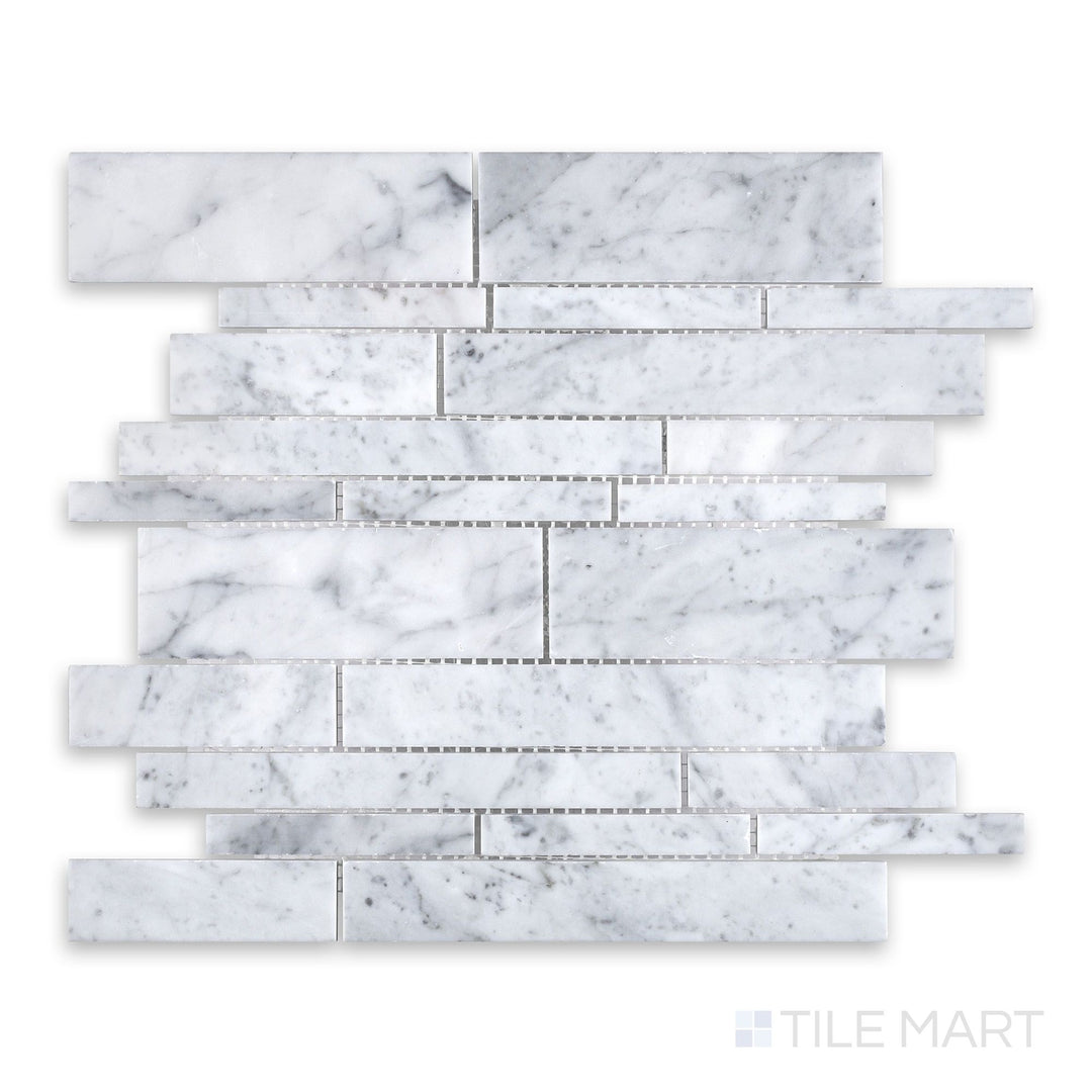 Sheet view of White Carrara Marble linear honed mosaic featuring soft matte marble strips arranged in a contemporary stacked layout