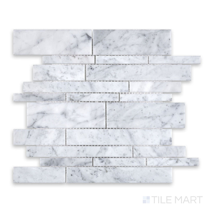 Sheet view of White Carrara Marble linear honed mosaic featuring soft matte marble strips arranged in a contemporary stacked layout