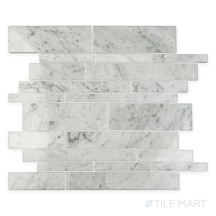 Product layout of White Carrara Marble linear polished mosaic showcasing narrow glossy marble strips stacked in a sleek modern design