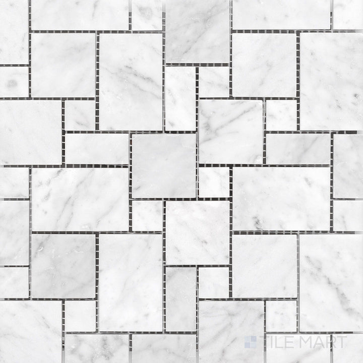 Overhead perspective of White Carrara Marble mini Versailles honed mosaic, displaying a classic French pattern with a soft textured marble finish
