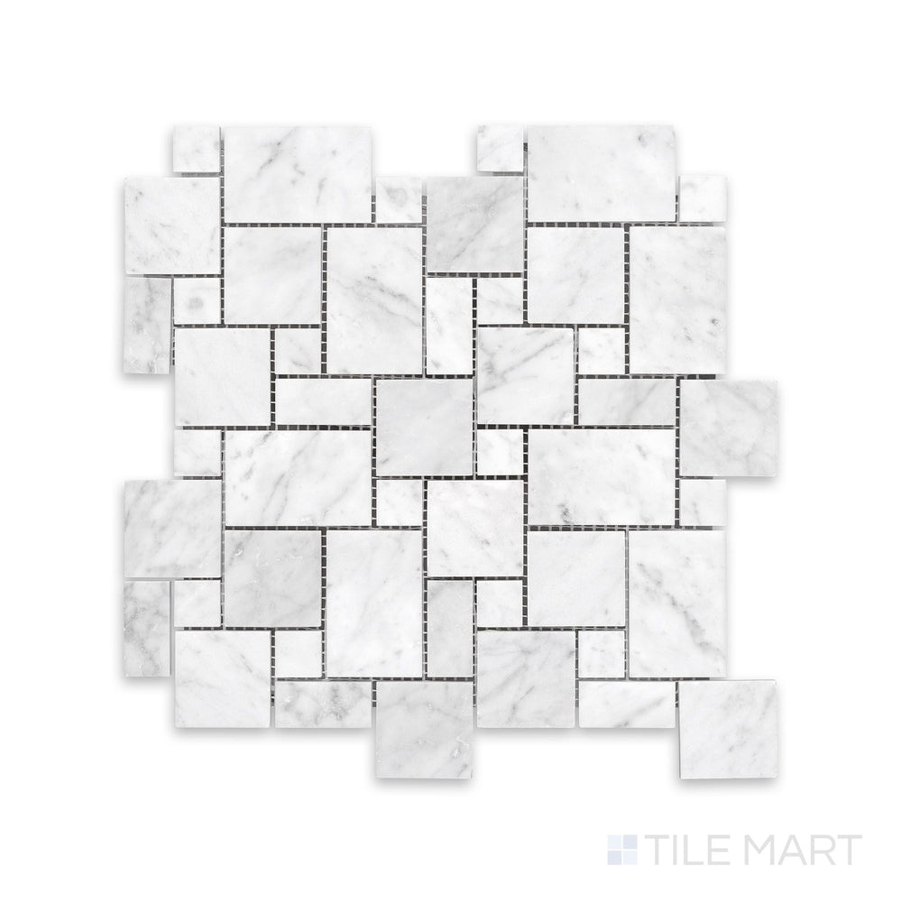 Complete view of White Carrara Marble mini Versailles honed mosaic displaying matte marble tiles in a classic French Versailles pattern