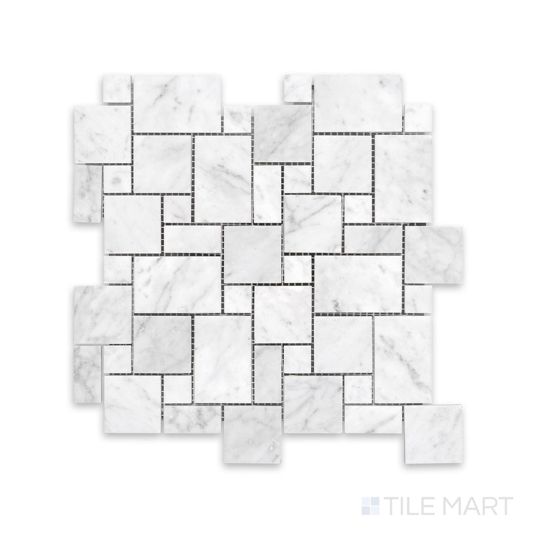 Complete view of White Carrara Marble mini Versailles honed mosaic displaying matte marble tiles in a classic French Versailles pattern