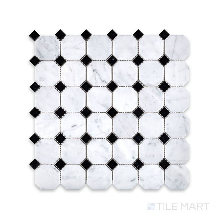 Complete view of White Carrara Marble octagon mosaic with Negro Marquina honed accents showing classic matte marble and bold black dots