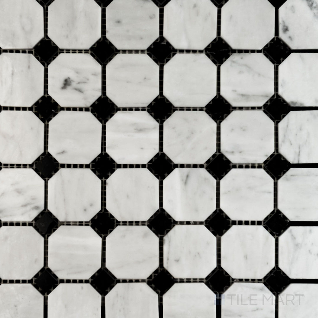 Flat overhead image showing White Carrara Marble octagon polished mosaic with Negro Marquina dots, combining glossy marble with bold black contrasts