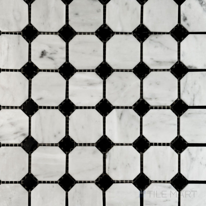 Flat overhead image showing White Carrara Marble octagon polished mosaic with Negro Marquina dots, combining glossy marble with bold black contrasts