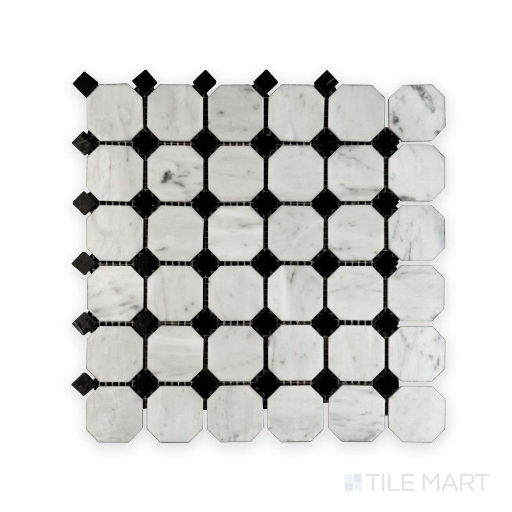 Overview of White Carrara Marble octagon mosaic with Negro Marquina polished accents featuring glossy marble and deep black dot details