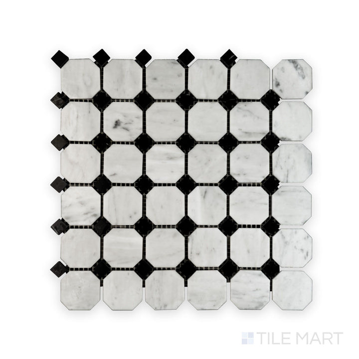 Overview of White Carrara Marble octagon mosaic with Negro Marquina polished accents featuring glossy marble and deep black dot details