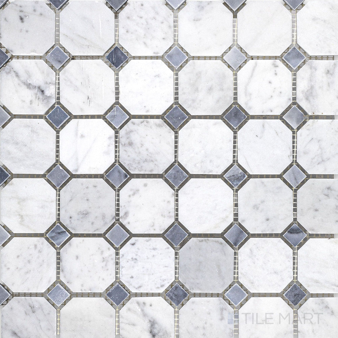 Top view of White Carrara Marble octagon honed mosaic with blue dot accents, highlighting a smooth matte marble pattern with subtle blue highlights
