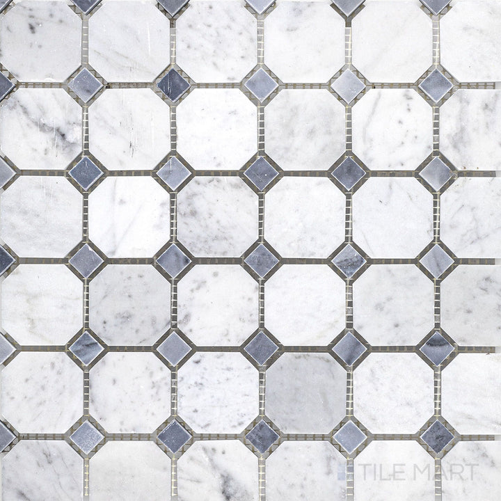 Top view of White Carrara Marble octagon honed mosaic with blue dot accents, highlighting a smooth matte marble pattern with subtle blue highlights