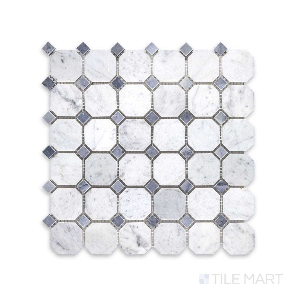 Full view of White Carrara Marble octagon mosaic with blue dot honed accents showing soft matte marble tiles with subtle blue highlights