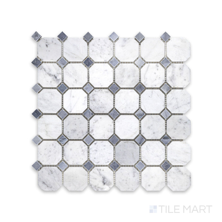 Full view of White Carrara Marble octagon mosaic with blue dot honed accents showing soft matte marble tiles with subtle blue highlights