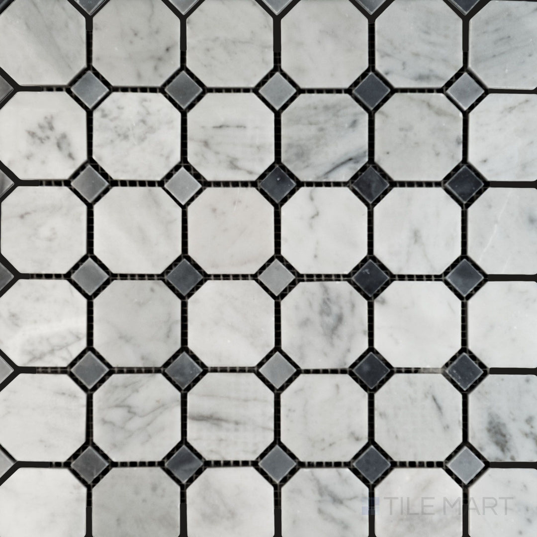 Overhead shot of White Carrara Marble octagon polished mosaic with blue dot detail, offering a bright glossy surface and playful contrast