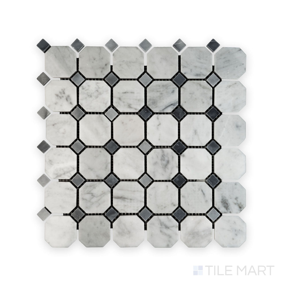 Full view from above of White Carrara Marble octagon mosaic with blue dot polished accents showcasing bright glossy marble and vivid blue details