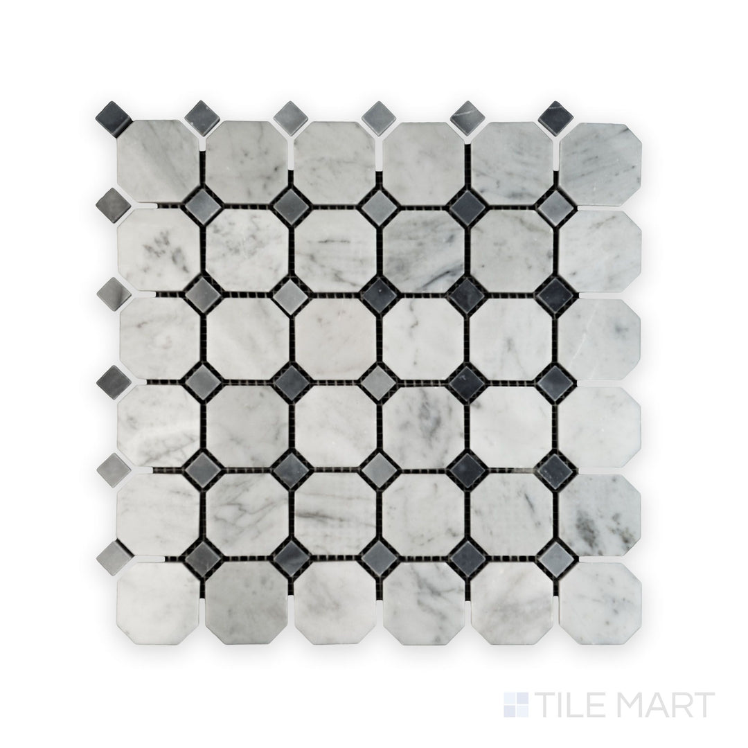 Full view from above of White Carrara Marble octagon mosaic with blue dot polished accents showcasing bright glossy marble and vivid blue details