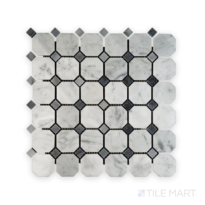 Full view from above of White Carrara Marble octagon mosaic with blue dot polished accents showcasing bright glossy marble and vivid blue details