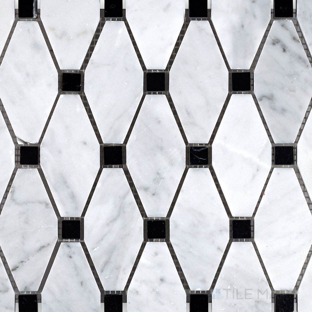 Flat lay of White Carrara Marble elongated octagon honed mosaic with black dots, showcasing a refined matte finish and elongated geometric shapes