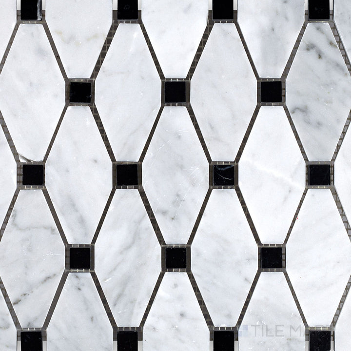 Flat lay of White Carrara Marble elongated octagon honed mosaic with black dots, showcasing a refined matte finish and elongated geometric shapes
