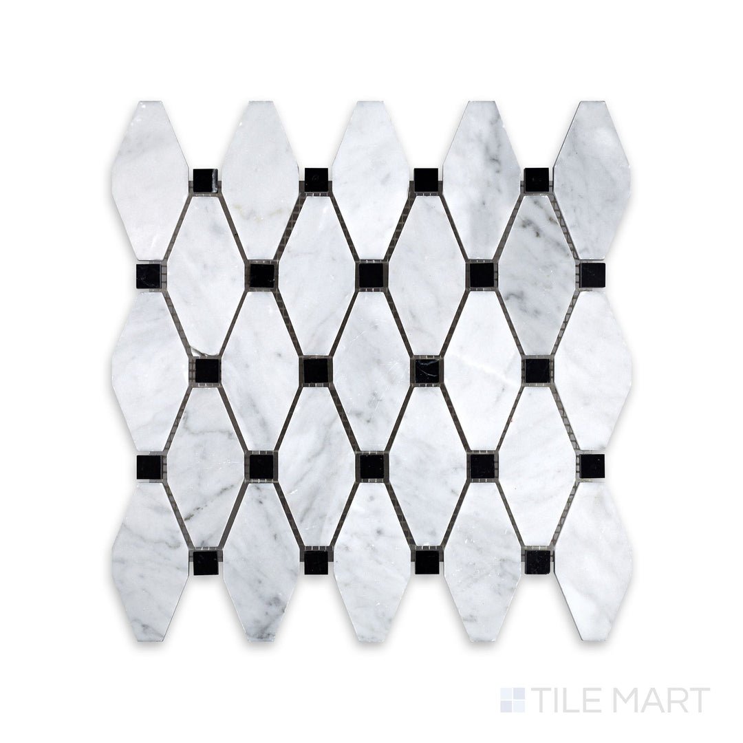 Complete view of White Carrara Marble elongated octagon mosaic with black honed accents featuring soft-finish marble and bold black touches