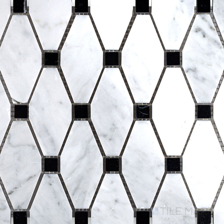 Top-down image showing White Carrara Marble elongated octagon polished mosaic with black accents, delivering a crisp glossy appearance
