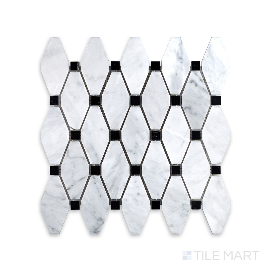 Overview of White Carrara Marble elongated octagon mosaic with black polished accents displaying glossy marble tiles and dramatic dark dots