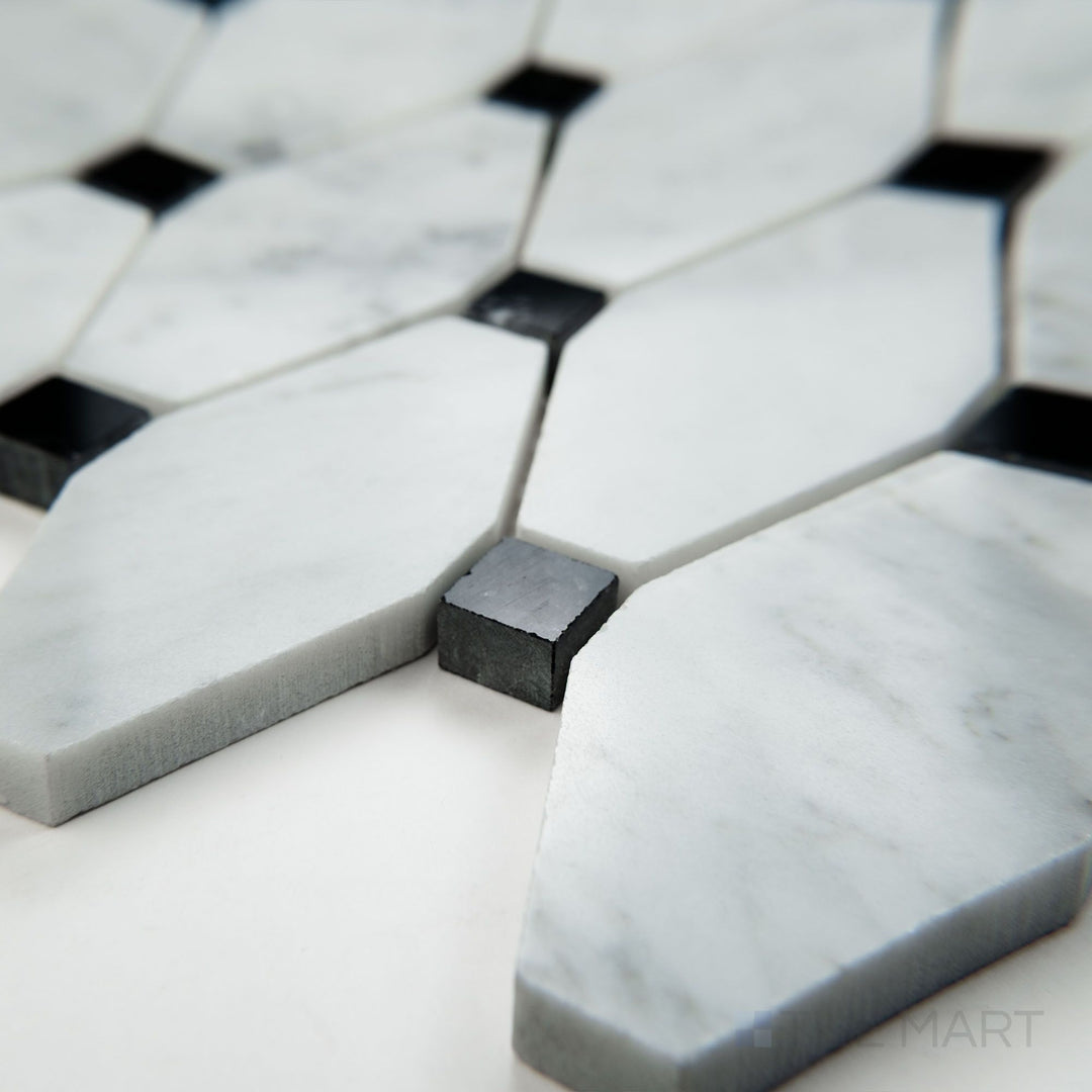Corner view of White Carrara Marble elongated octagon with black polished mosaic featuring shiny marble tiles with strong black accents